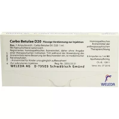 CARBO BETULAE D 20 ampoules, 8X1 ml CARBO BETULAE D 20 ampoules, 8X1 ml