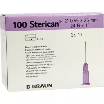 STERICAN Cannulas Luer-Lok 0.55x25 mm size 17 purple, 100 pieces STERICAN Cannulas Luer-Lok 0.55x25 mm size 17 purple, 100 pieces