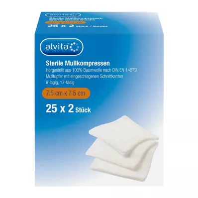 Alvita gauze compresses sterile 7.5x7.5 cm, 25x2 pieces Alvita gauze compresses sterile 7.5x7.5 cm, 25x2 pieces